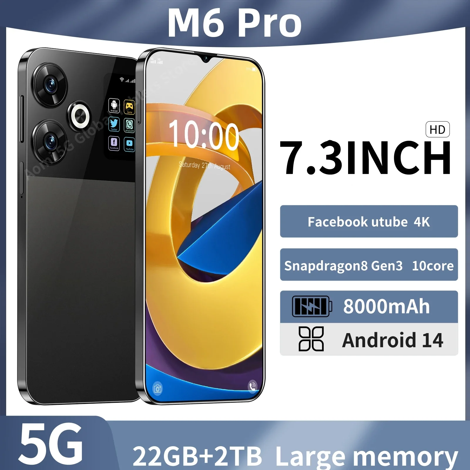 إصدار الهاتف الذكي M6 Pro العالمي ، هاتف محمول ، هاتف خلوي ، NFC ، سناب دراجون 8 ، Gen3 ، أندرويد 14 ، 50 + ، ، ، 22 جيجابايت ، 2 10000 ، 4G ، 5G ، الأصلي