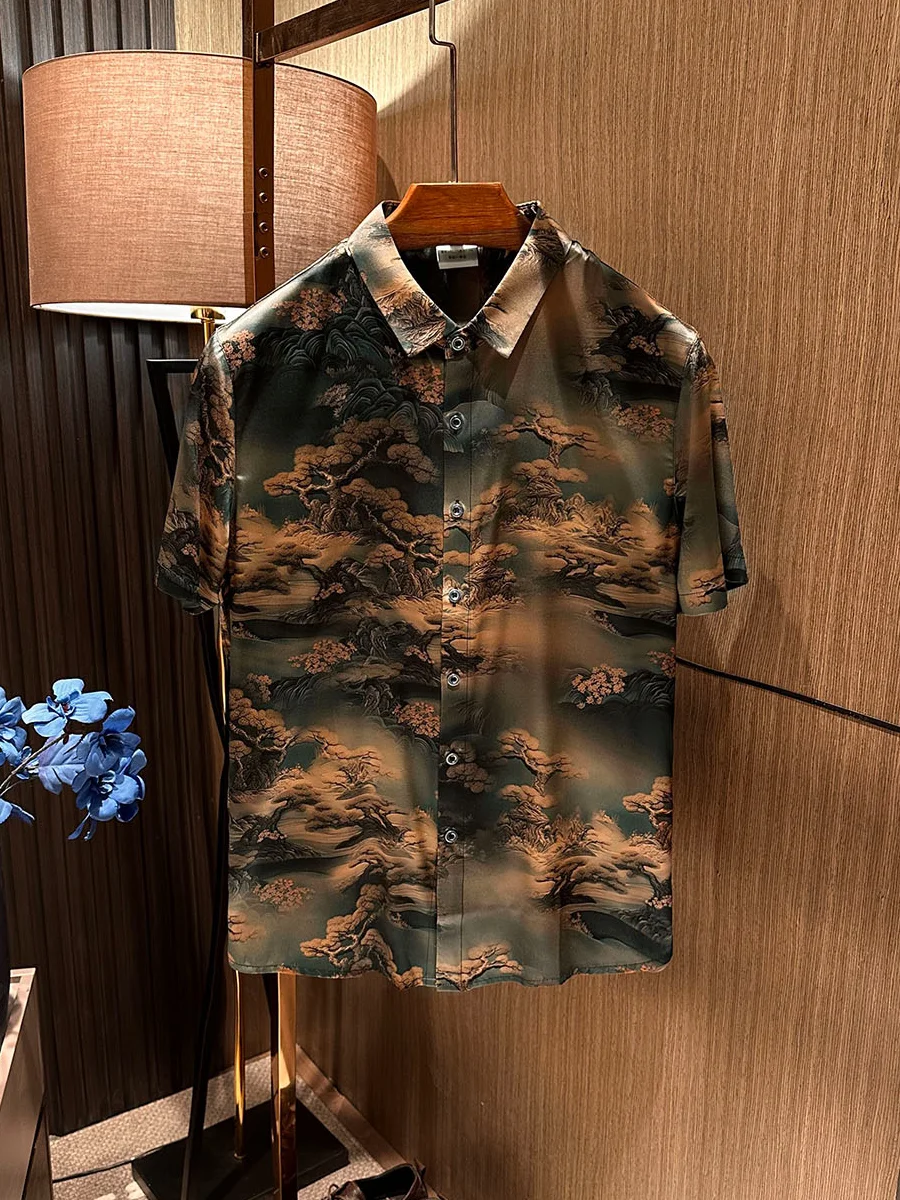 

Silk Floral irt Men's ort Sve Smooth Silk Chinese Sle New Faion Urban Casual Breathable Lightweight Summer irt