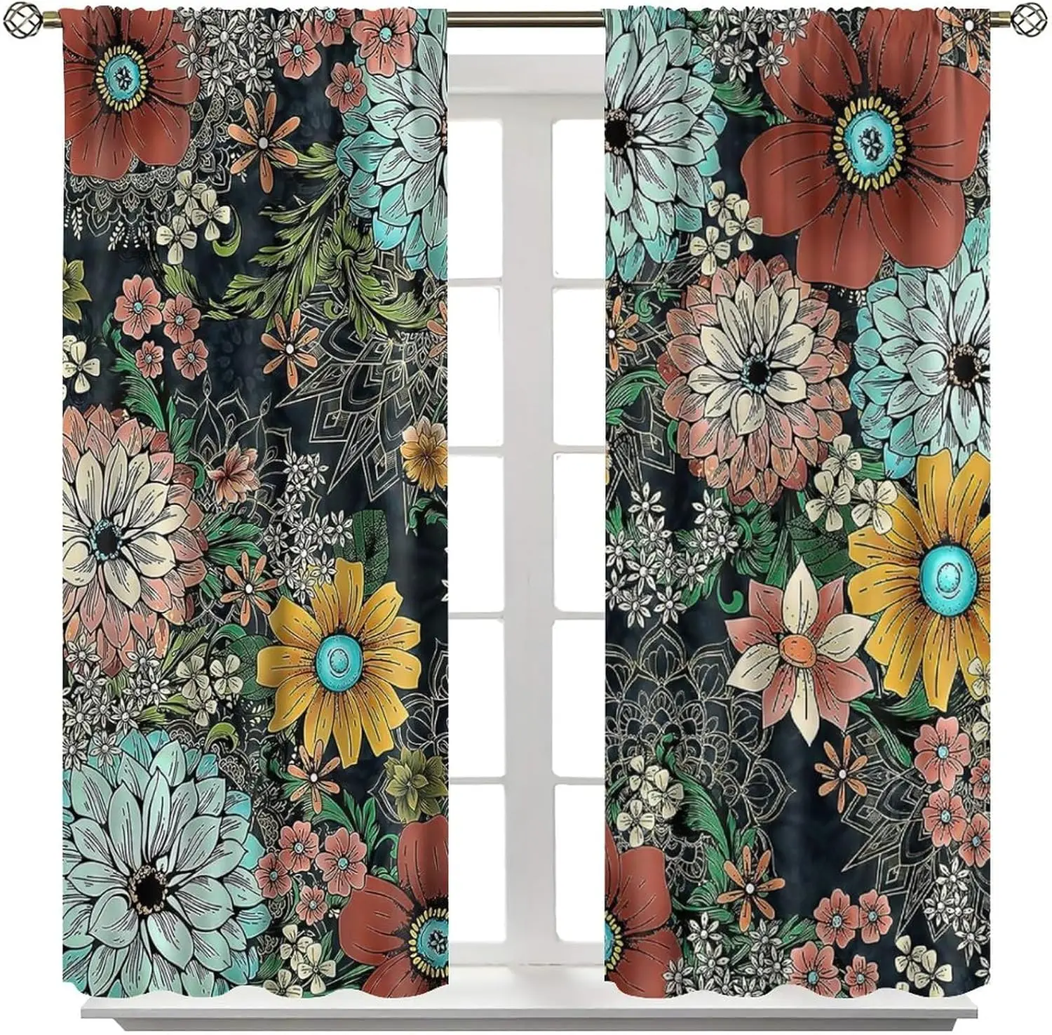 Boho Floral Curtains Rustic Bohemian Flower Colorful Mandala Plants India Aesthetic Art Printed Living Room Window Drapes Fabric