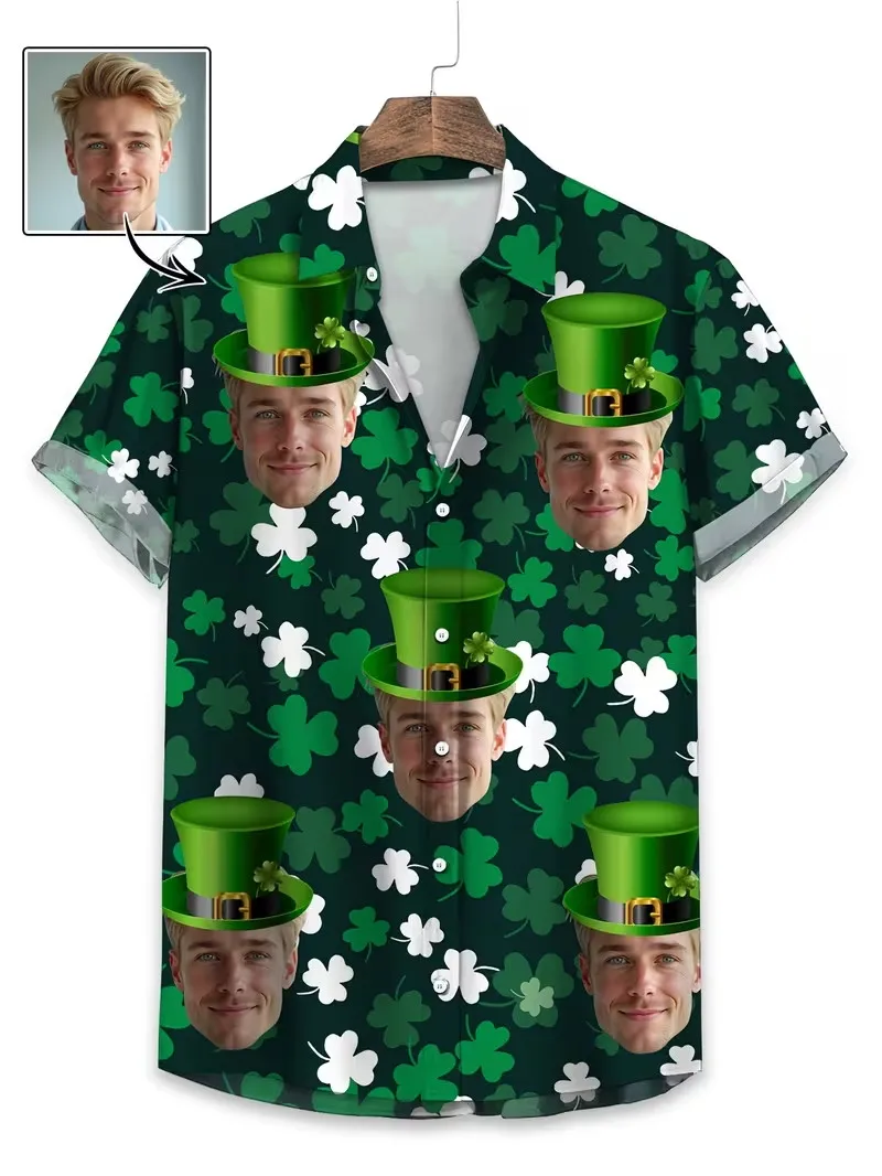 

Мужская гавайская рубашка с индивидуальным фото на День Святого Патрика, повседневная, с коротким рукавом, на пуговицах, для отпуска и пляжа, мужская рубашка-алоха с возможностью самостоятельного дизайна