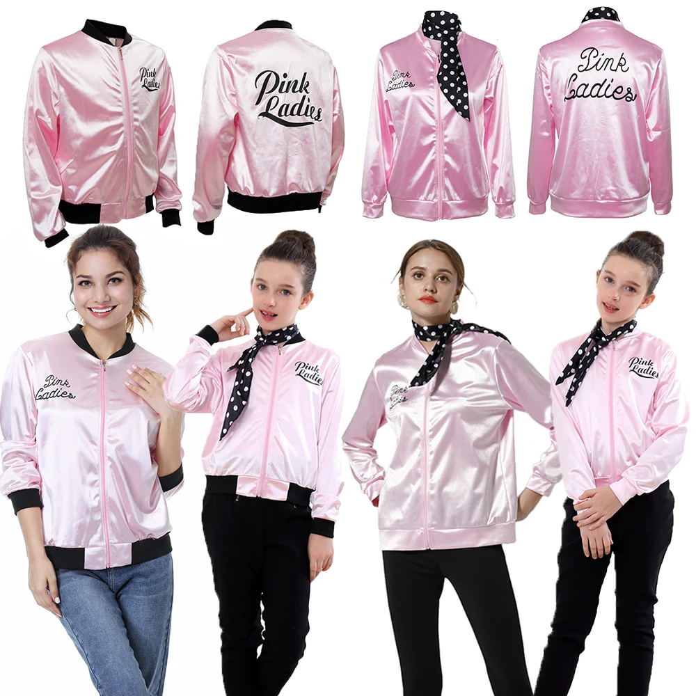 Adult Kid Women Grease Pink Lady Coat Jacket Costume Letter Printed Long Sleeve Girls Baseball jacket Cosplay Halloween Costumes