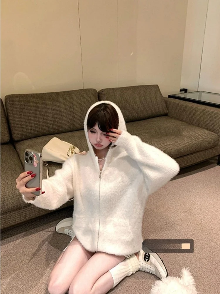 

Winter Hooded ket Mink Fur Zipper Jaet Women's Loose Fit Long Sve Cardigan Sle Commute Faion Korean Series