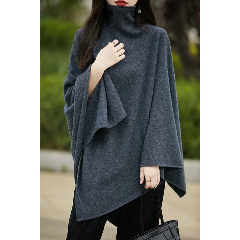 Women\'s Autumn Winter French Fashion Warm Knitted Pullover Sweater High Neck Sleeveless Solid Color Loose Wool Shawl