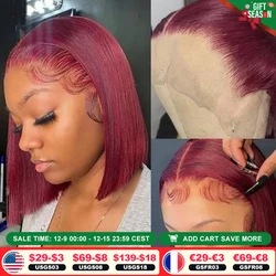 Burgundy HD Transparent Short Bob Human Hair Wigs Peruvian 99J Red Straight 13x6x1 Lace Front Wig For Women Pre Plucked