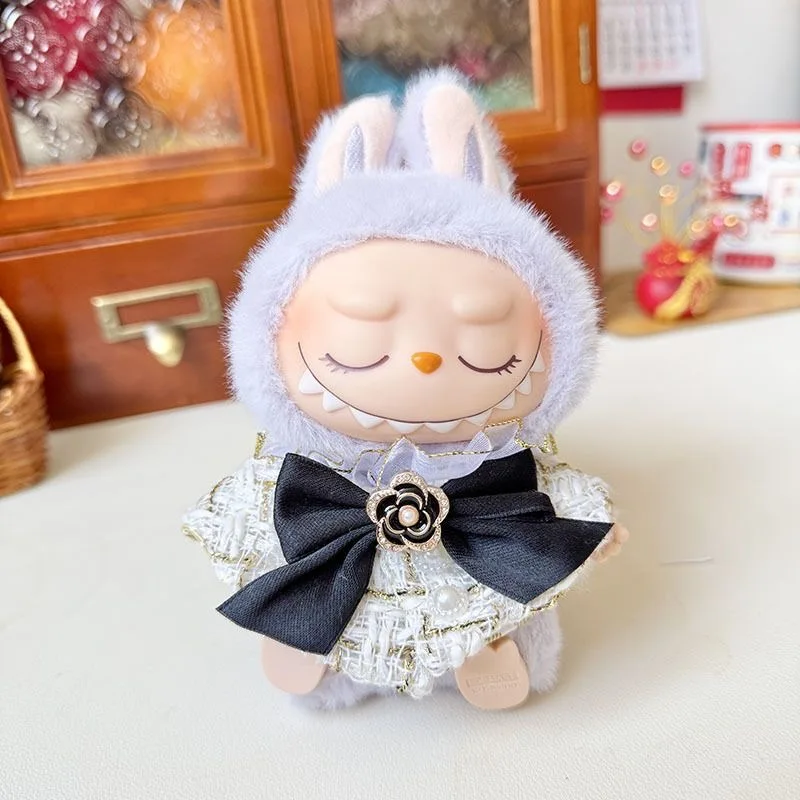 

For V1 V2 17cm Labubu Doll Clothes White Tweed Dress with Bow Flower Decor Fashion Costume Doll Plush Doll Changing DIY Gift Set
