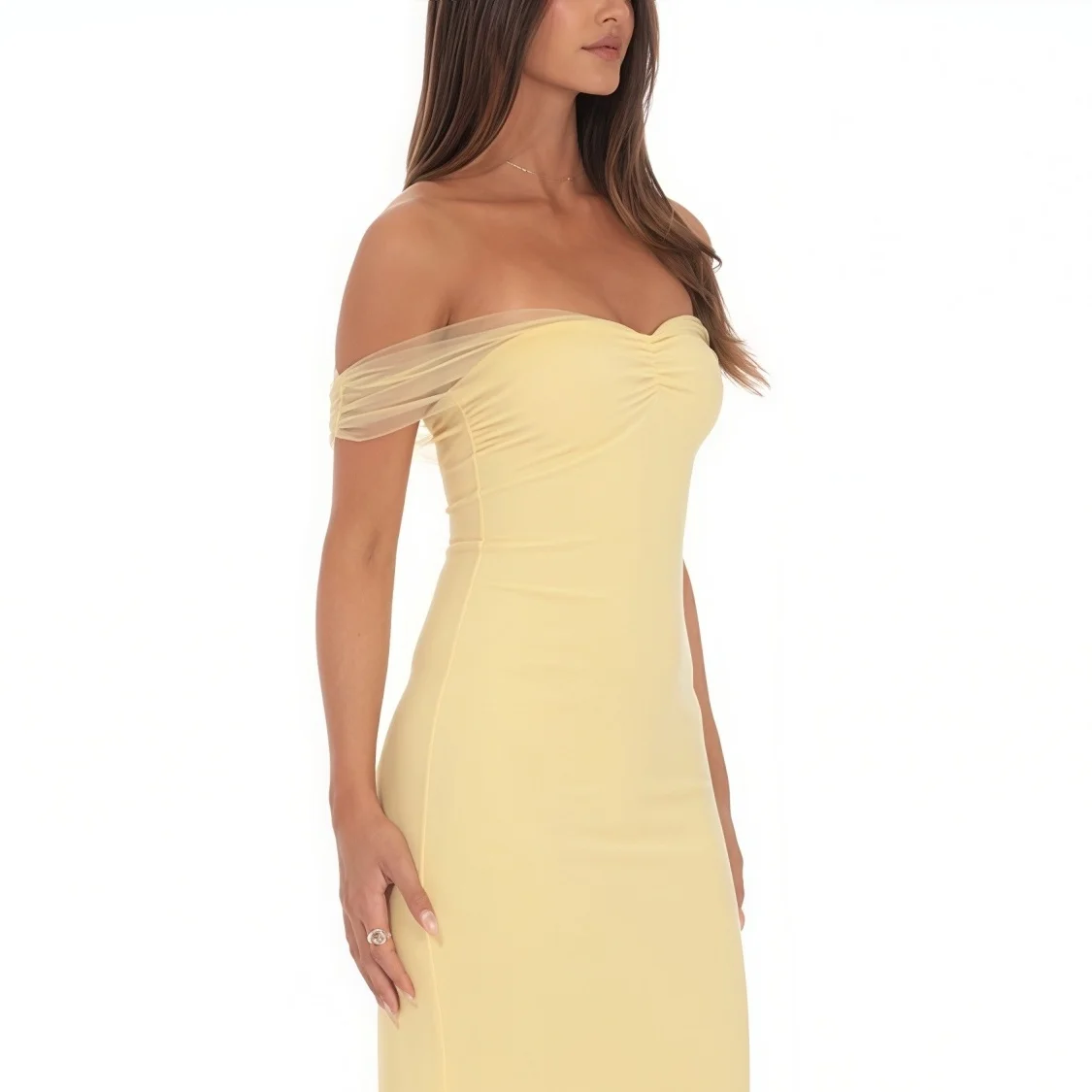 Yellow Off Shoulder Maxi Dress Sheer Tulle Straps Bodycon Silhouette Formal Evening Cocktail Bridesmaid Wedding Guest Gown