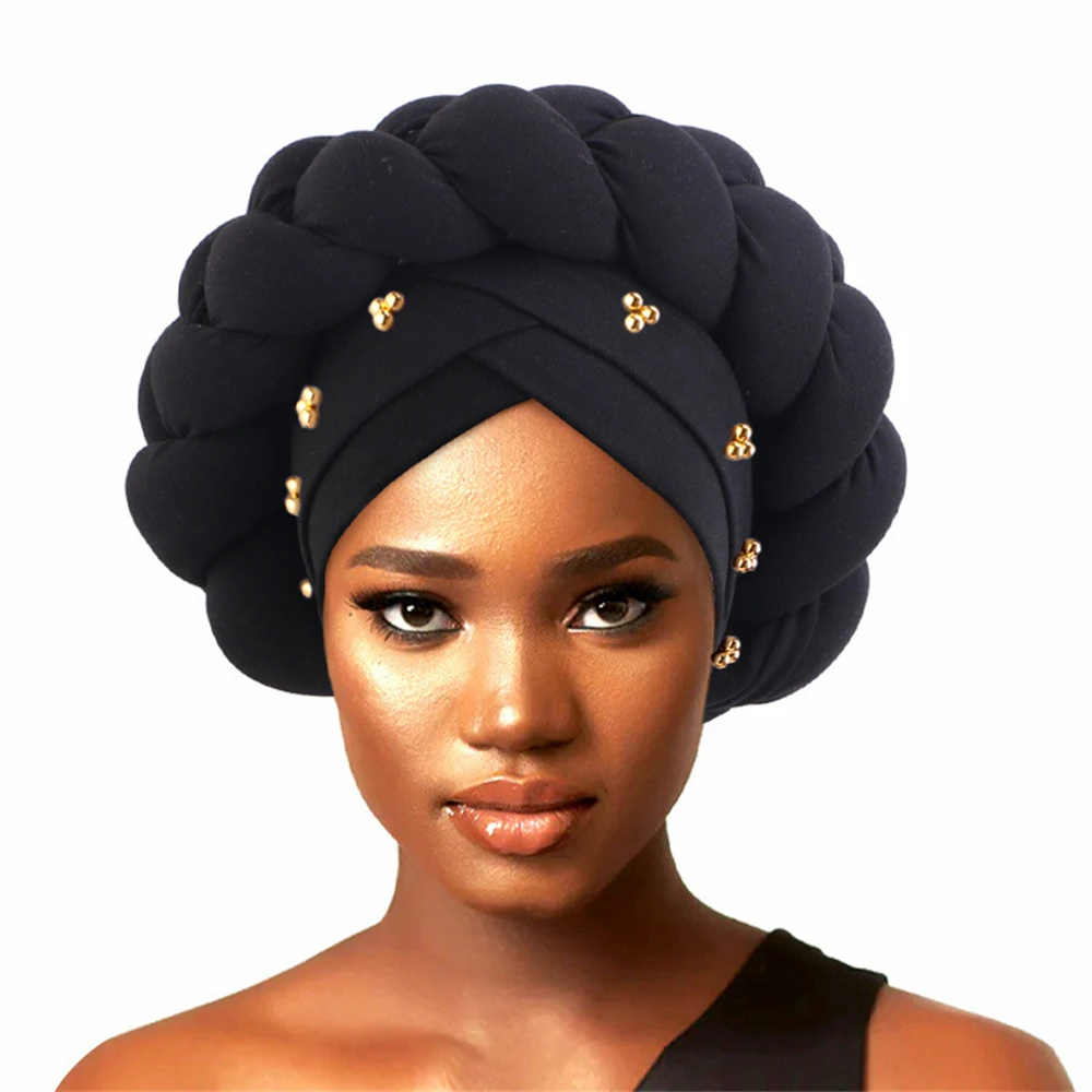 

Black Shiny Beading Auto Gele African Headtie Bonnet Hat Twisted Turban for Women Muslim Braids Head Wrap Scarf Hijab Aso Oke