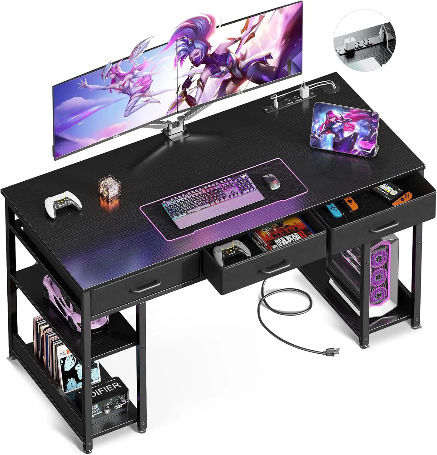 Office Desk with Fabric Drawers & Power Outlets, Computer Desk with Storage Shelves & CPU Stand, Study Table, Writing Desk