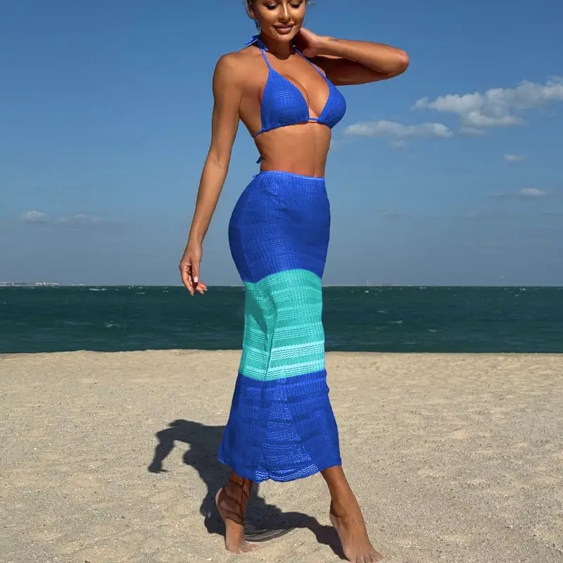 Cikini Gradient Mesh Three Piece Beach Long Skirt Sexy Bikinis Set Summer Sexy Swimwear Bathing Suit For Women