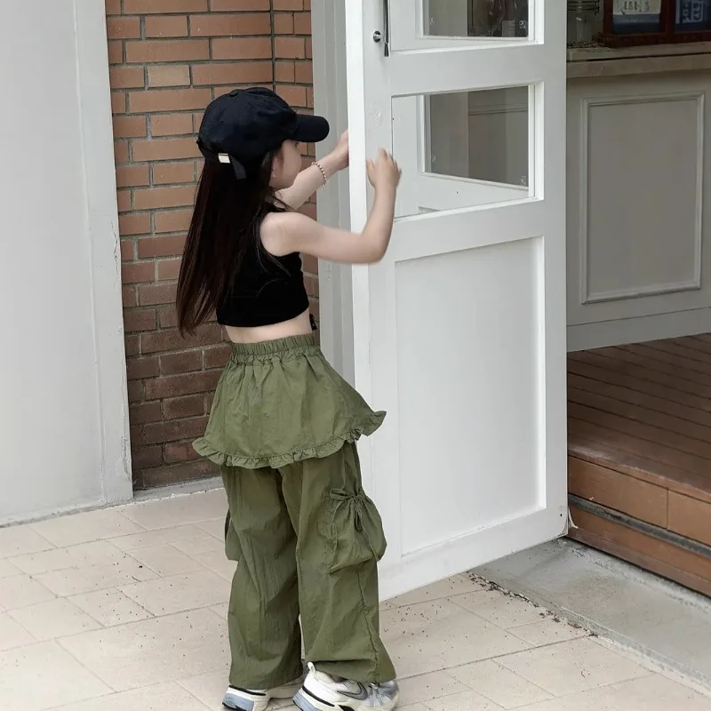 2025 ربيع/صيف خريف جديد الفتاة وهمية قطعتين العمل السراويل تنورة الأطفال رقيقة تنورة الخصر بعقب الستار السراويل البضائع