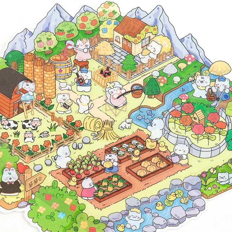 Children Toy Sticker Farmhouse Island Cat Fairy Series 3D Miniature Diorama DIY Craft Stickers Set Stereo Landscaping Miniature