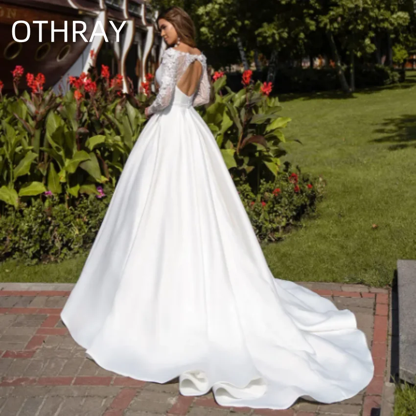 Satin Open Back A-Line Dubai Wedding Gown With Belt Women Long Bridal Dress Vestidos De Novia Long Sleeves Wedding Dresses