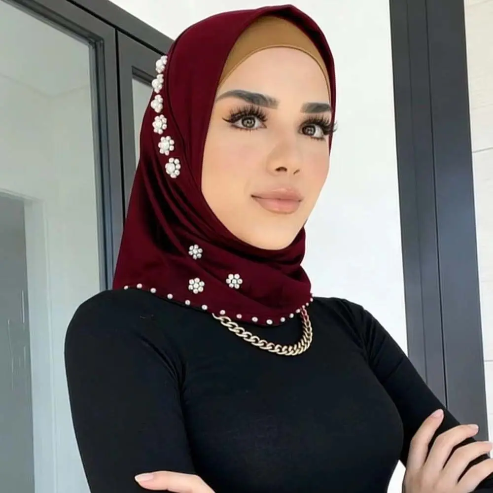 

Breathable Imitation Pearl Beads Bonnet Hijab Easy Wear Solid Color Instant Stretch Head Scarf Pearl Flower Comfortable
