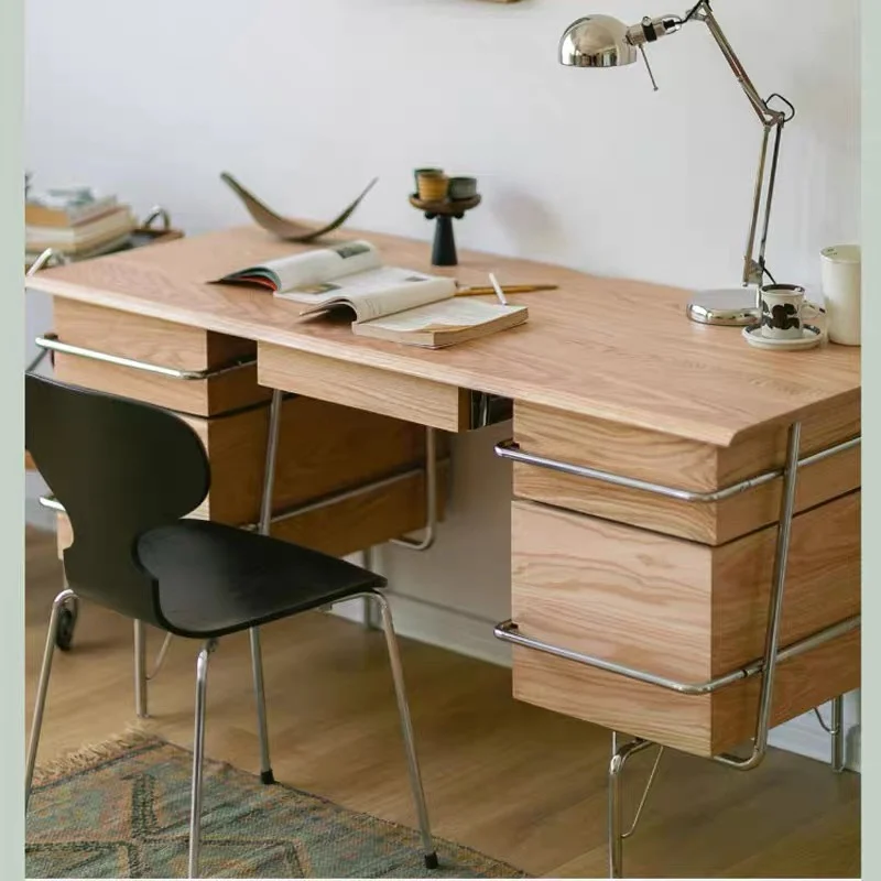 Writing desk with drawers File cabinet Studio table Medieval stainless steel solid wood workbench