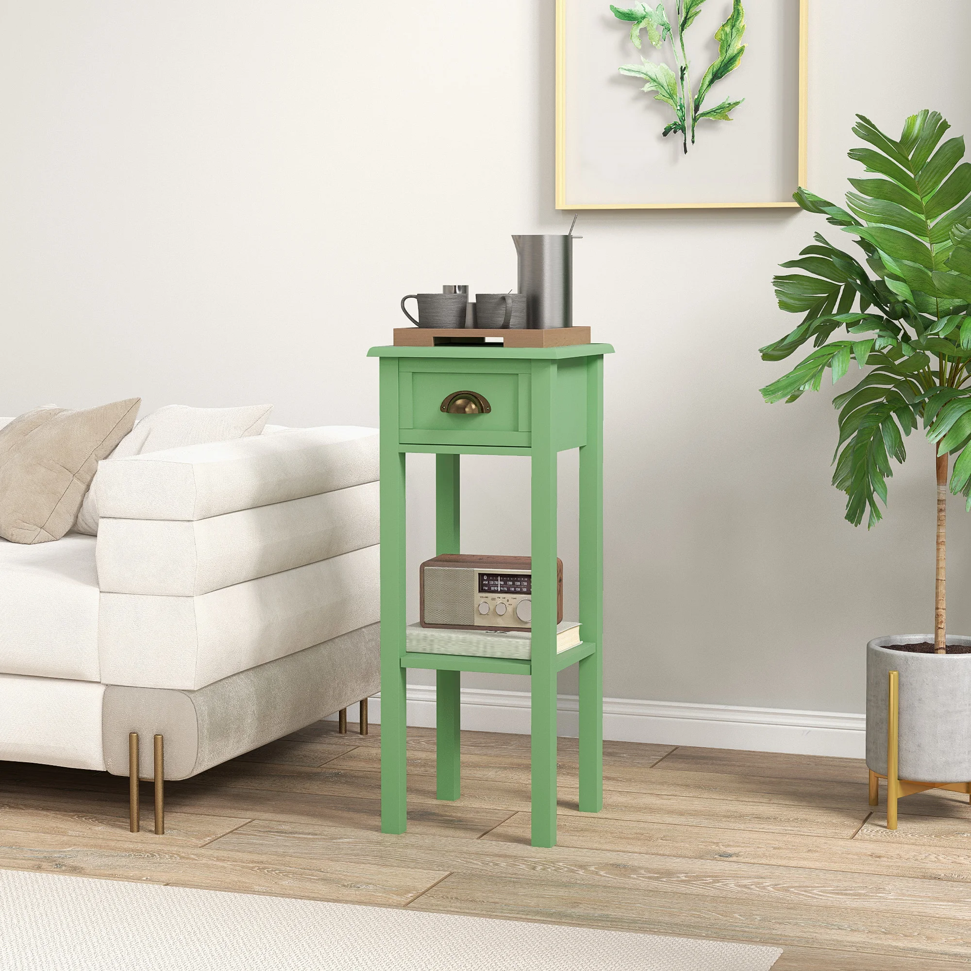 Homcom 2-Tier Side Table with Drawer Shelf for Living Room, Green