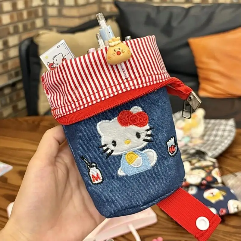 Kawaii Sanrio periféricos de animé Hello Kitty cubo bordado de dibujos animados estuche de lápices plegable bolsa de almacenamiento de gran capacidad