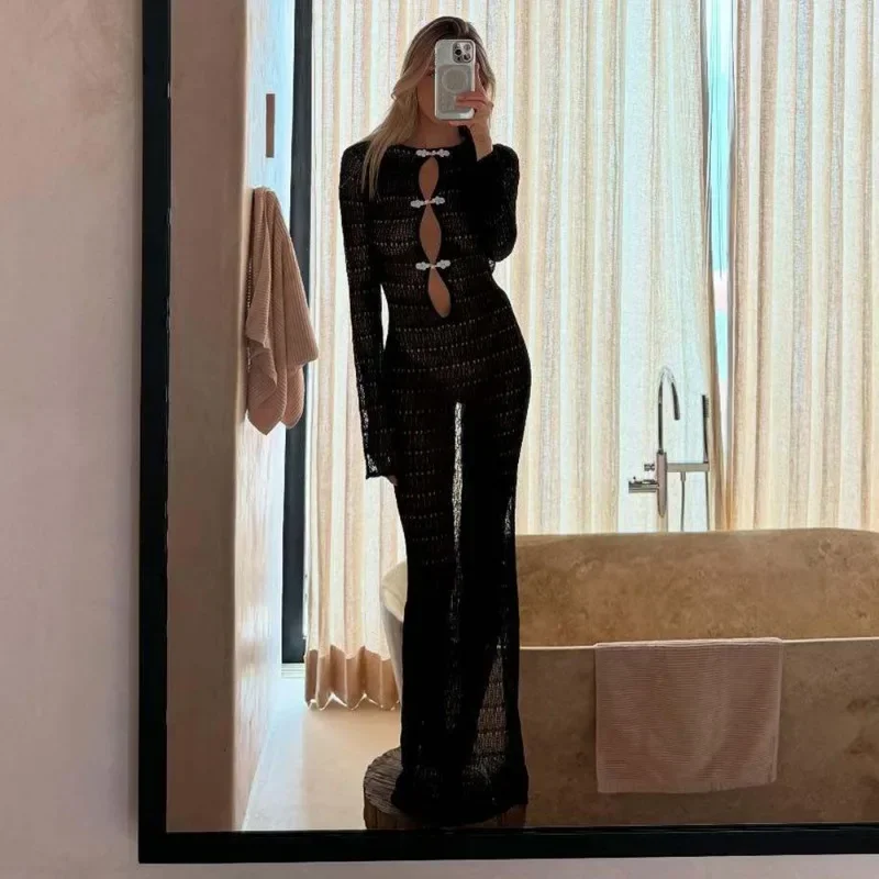 중공 쉬어 맥시 드레스 여성의 섹시한 백 레이스 업 슬릿 리조트 드레스 하이 웨이스트 파티 이브닝 ​​가운 가운 Vestidos Y2k