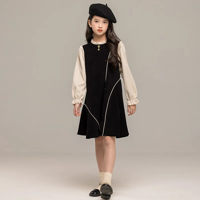 

Baby Girl Autumn One-piece Dress Patchwork Round Neck Children Girls Princess Dress Long Sleeves Kids Girls Fake Two Piece Dress
