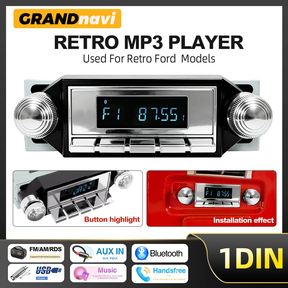 Image of 1DIN Retro Autoradio Vintage MP3-Player FM AM RDS Bluetooth Für Ford F-Serie Ranchero Bronco Mustang Galaxie Falcon Thunderbird