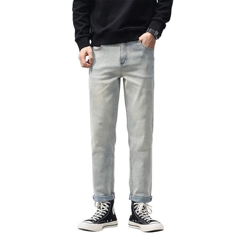 2025 ฤดูใบไม้ร่วงอเมริกันRetroซีเมนต์สีเหลืองDENIMกางเกงยีนส์ผู้ชายเกาหลีสไตล์อินเทรนด์ยืดเรียวตรงกางเกง