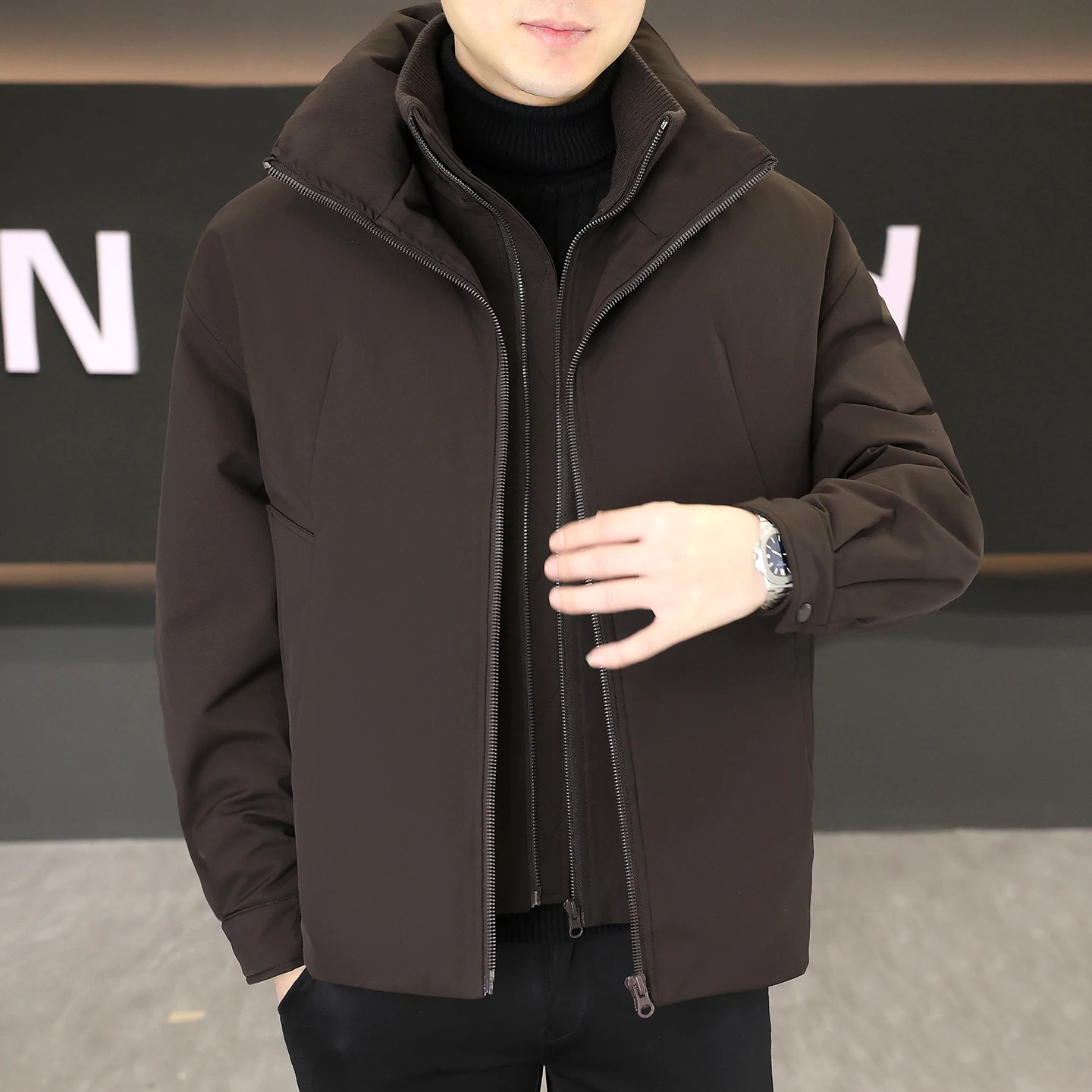 

Classic Men's Warm Double Collar White Duck Down Jacket Winter Solid Color Casual Puffer Coat Outwear Windproof Thick Top Parkas