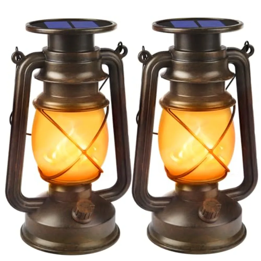 Solar Lanterns Outdoor Waterproof, 2 Pack Bronze Flickering Flame Lights Vintage LED Hanging Lantern, Outdoor Decorative Lights