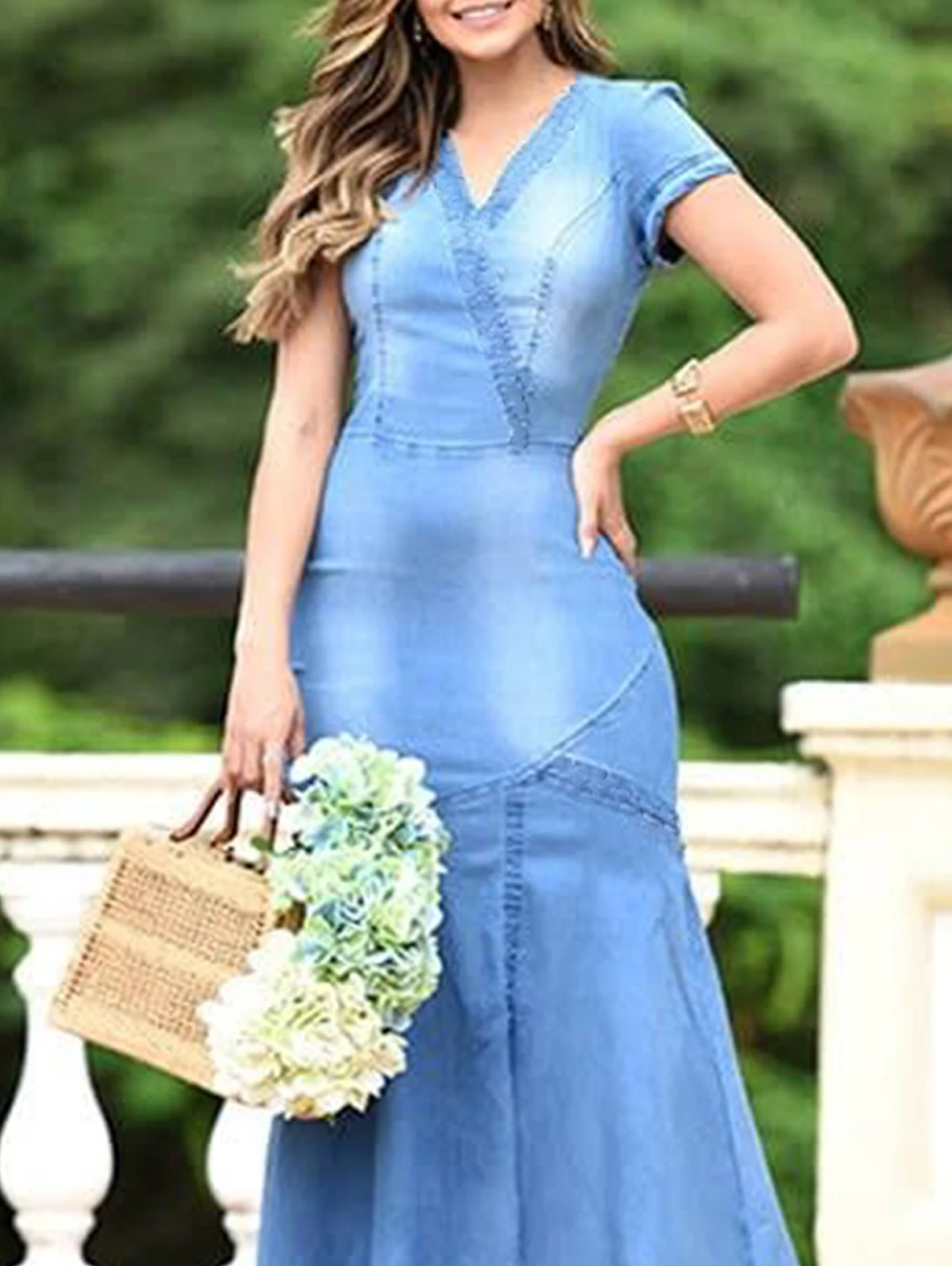 Casual Plain V Neck Light Washed Short Sleeve Denim Maxi Bodycon Dress Vintage Mermaid Dress Casual Summer Long Dresses 2024