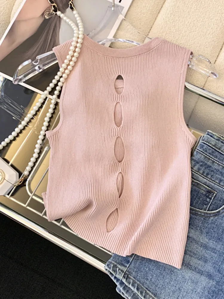 Gilet lavorato a maglia dimagrante estivo per le donne moda dolce fiore tridimensionale Appliques in rilievo top da donna