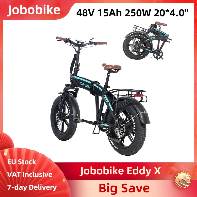 Jobobike Eddy X Elektrische Vouwfiets 250W 48V 15Ah 20*4.0" Geïntegreerde Wiel Vouwbare E-bike met Achterdrager Hydraulische Rem 7 Versnellingen 25km/u