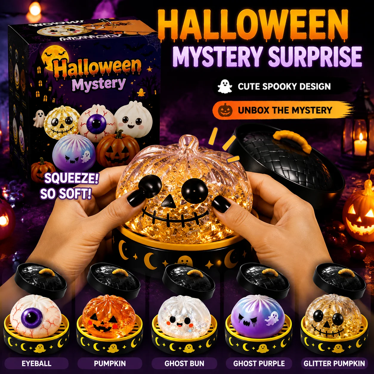 Halloween Dumpling Squeeze Toy Shiny Glitter Soft Fidget Toy Pumpkin Eyeball Ghost Style Stress Relief Party Surprise Present