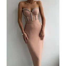 2024 New High-Waist Pink Evening Dress Elegant Midi Dress Tube Top Sequins Solid Color