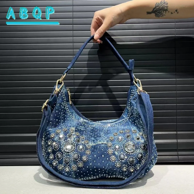 

Women's Fashion Shoulder Bag Diamond Half Moon Bags Temperament Denim Crossbody Tote Bag Large Capacity Outdoor Travel