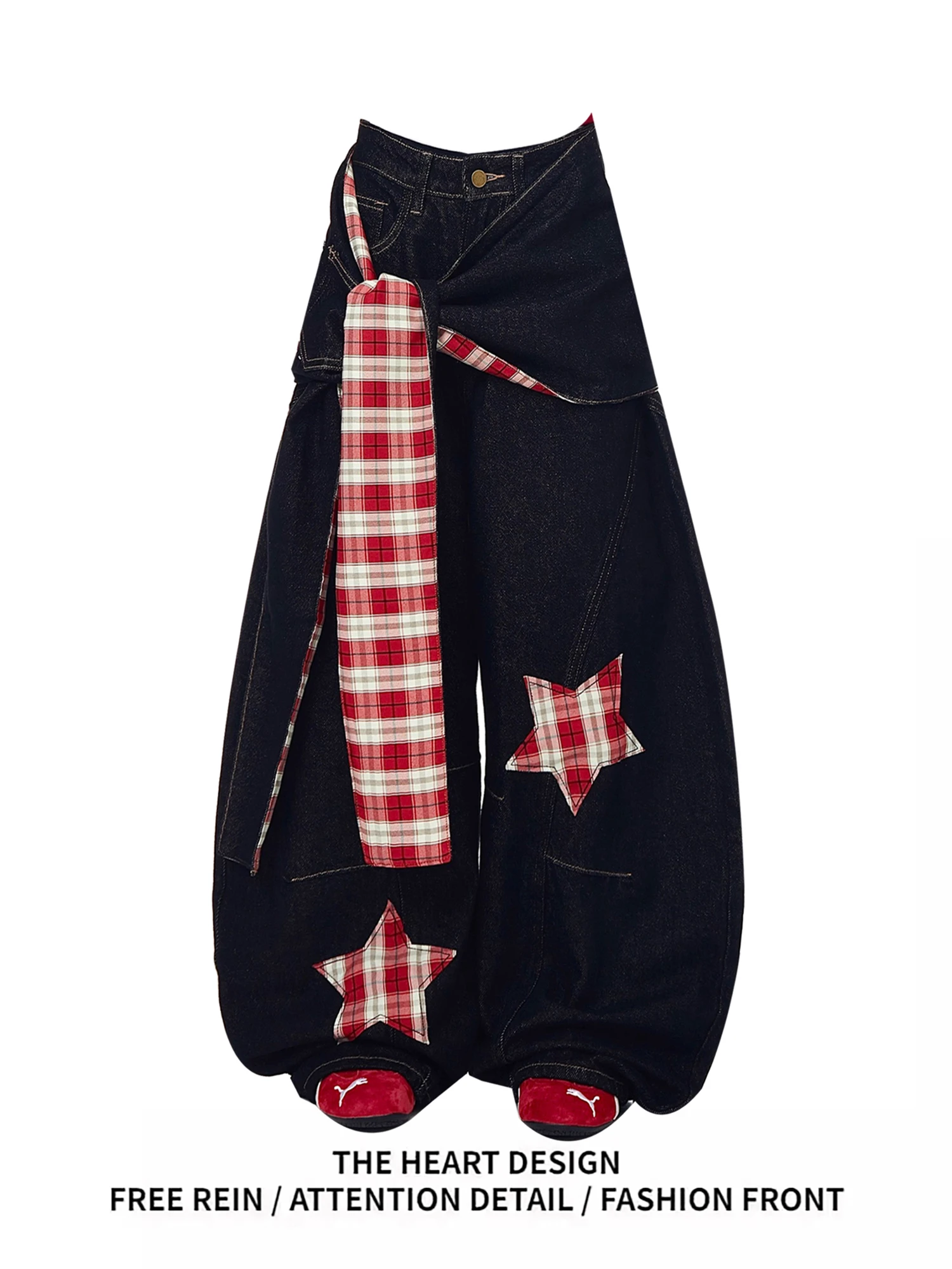 

Y2K Women's Vintage Dark Denim Jeans Plaid Patchwork Star Appliques Baggy Wide Leg Streetwear Casual Trousers