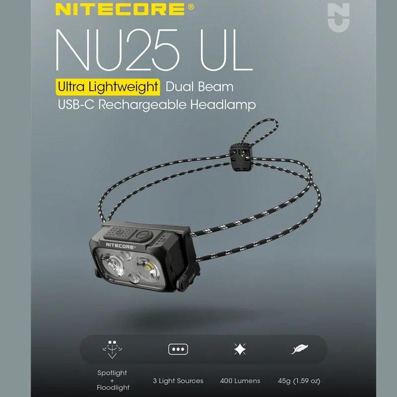 NITECORE NU25 400Lumens Max throw of 64 meters USB-C Rechargeable Headlight 3 Light Sources Waterproof Lightweight Headlamp