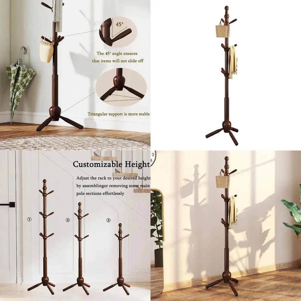 

Vintage Heavy-Duty 9-Hook Solid Wood Coat Rack Stand, Adjustable for Various Spaces in Home or Office, Brown