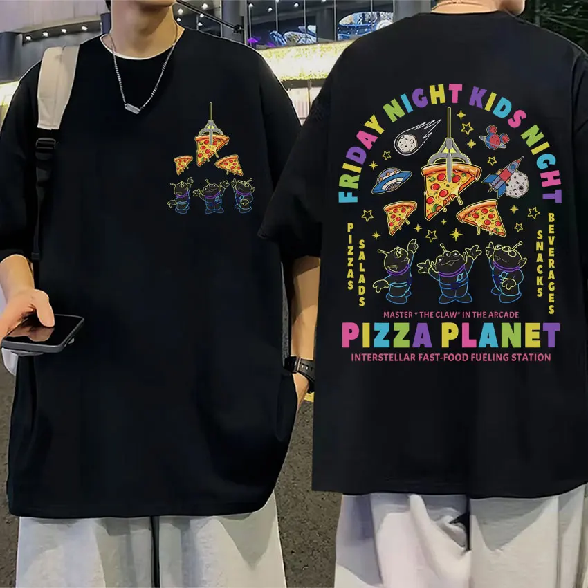 Divertente Pizza Planet Double Sided Print T-Shirt uomo donna Fashion Cartoon Harajuku magliette Casual Cotton oversize Street T Shirt