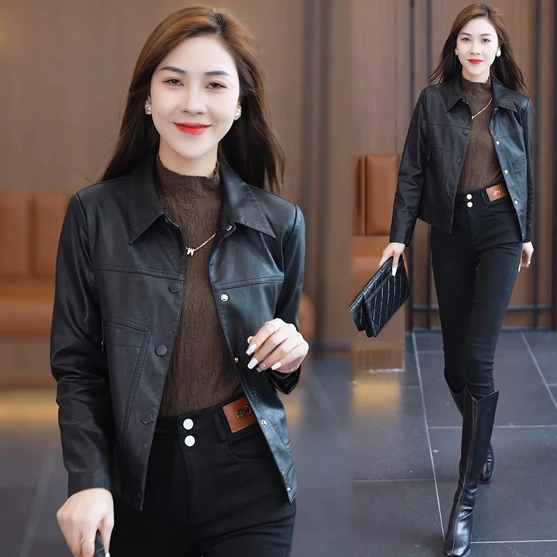 Frühling Herbst 2024, faionable ort Leder Jaet, schlankmachend, lässig, vielseitig, kleine Größe, Ledermantel, Top für Damen