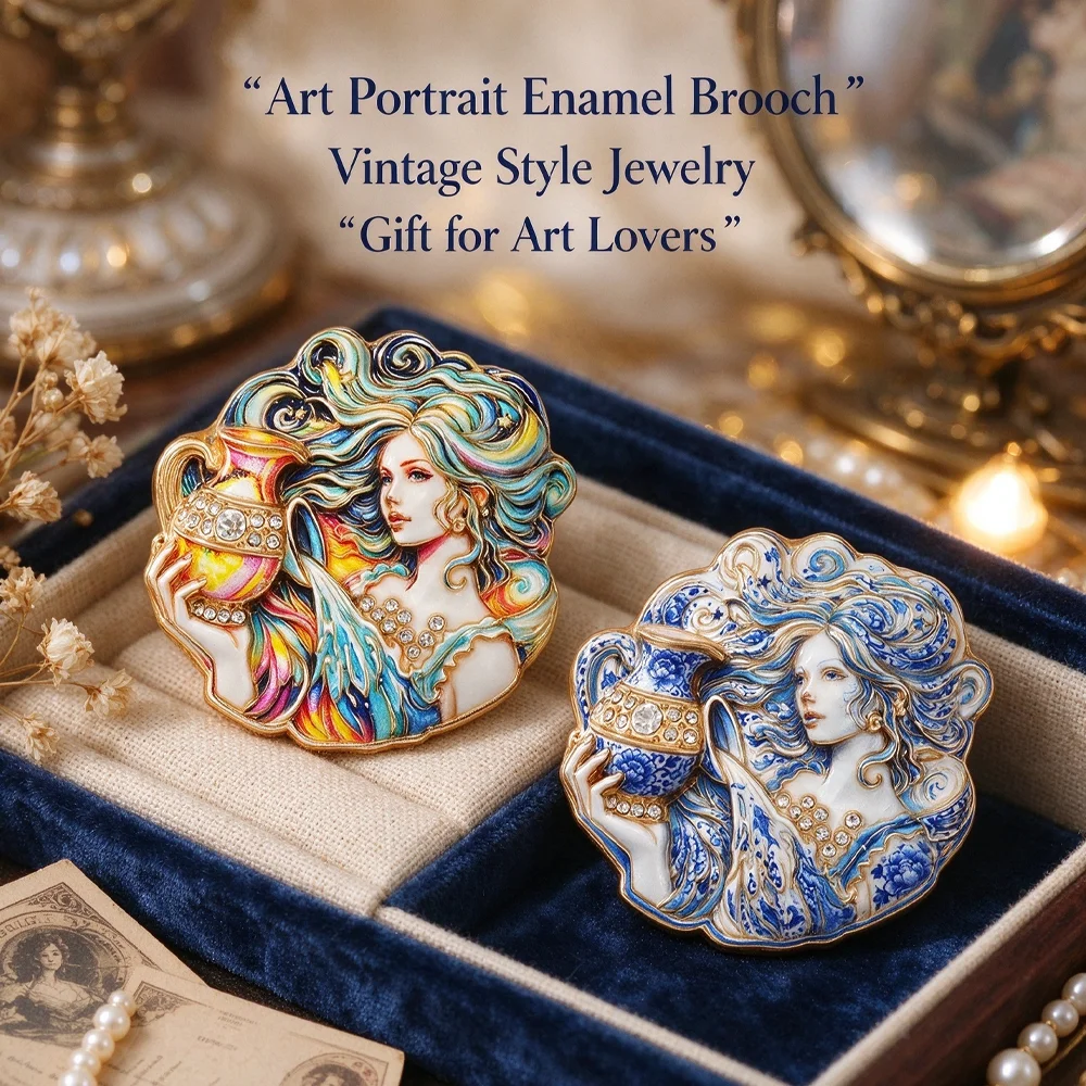 Vintage Goddess Enamel Brooch Colorful Rhinestone Inlaid Aquarius Lady Vase Figure Lapel Pin Elegant Jewelry Accessory Gift