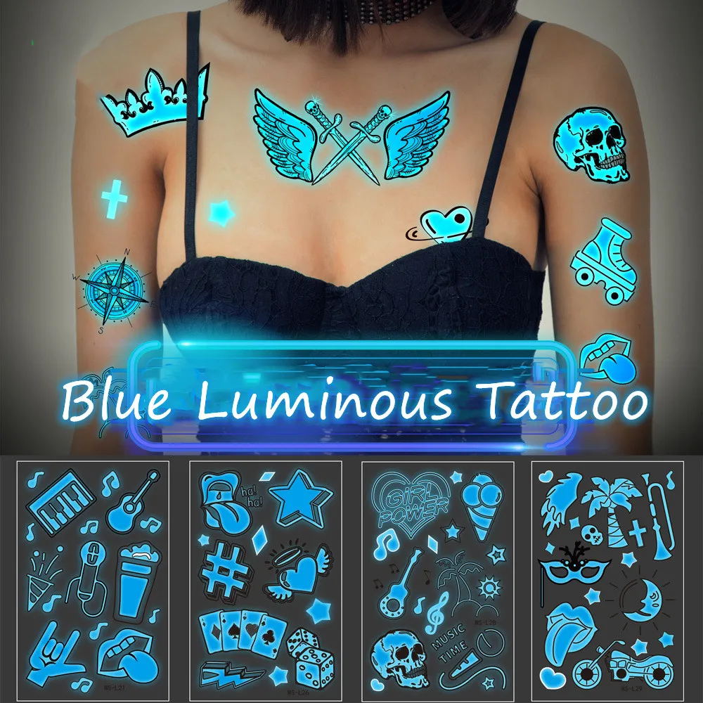 

New Blue Luminous Tattoo Sticker Bar Music Festival Carnival Party Sexy Tattoo Fluorescent Musical Note Glowing Cool Girl