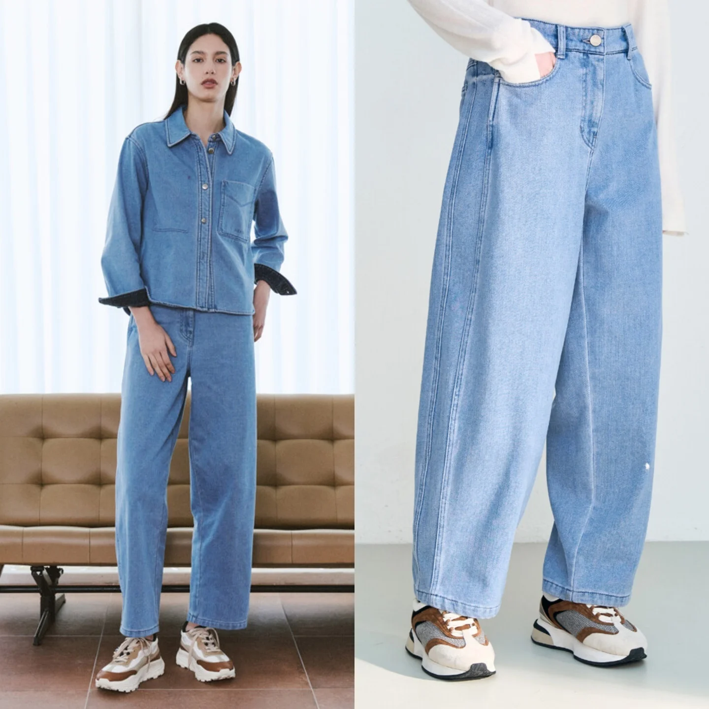 

Casual Elastic Waist Denim Jeans Women's Straight Leg Pants with kets mid Stretch Pleated Commuter Versatile Slimming