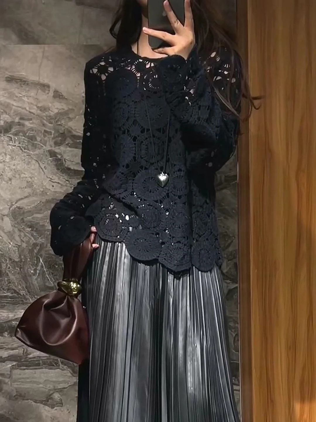 Unique Korean Style Lace T-Shirt Charming Maturity Atmosphere Sensation Fashionable Casual Long Sleeve round Neck Top