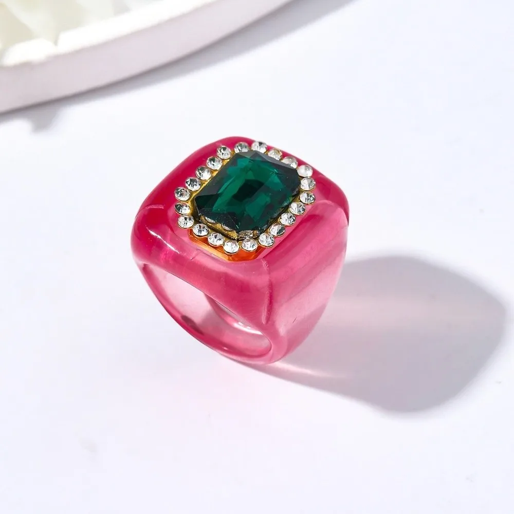 New Resin Rhinestones Ring Colorful Geometric Finger Ring Elegant Jewelry Three-dimensional Square Ring for Women
