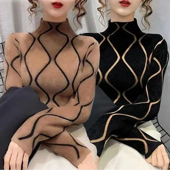 אופנה פסים קטיפה חצי turleneck חולצה תחתונה אופנה שרוול ארוך בסיסי חולצות בסיסי חולצות סתיו winte