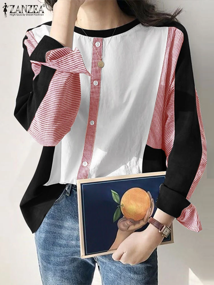 ZANZEA O Neck Korean Fashion Blouses Color Block Patchwork Long Sleeve 2024 Fall Streetwear Blusas Striped Panels Women Shirts