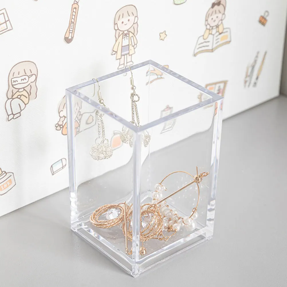 

2pcs Pen Holder Storage Box Transparent Desk Organizer Stationery Case Home Office Supplies Anti Slip Design Smooth Surface PP