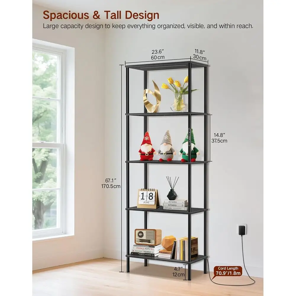 Modern 5-Tier LED Lighted Bookcase, Dimmable with Touch and Remote, 3 Color Modes, Sleek Black for Rooms and Offices