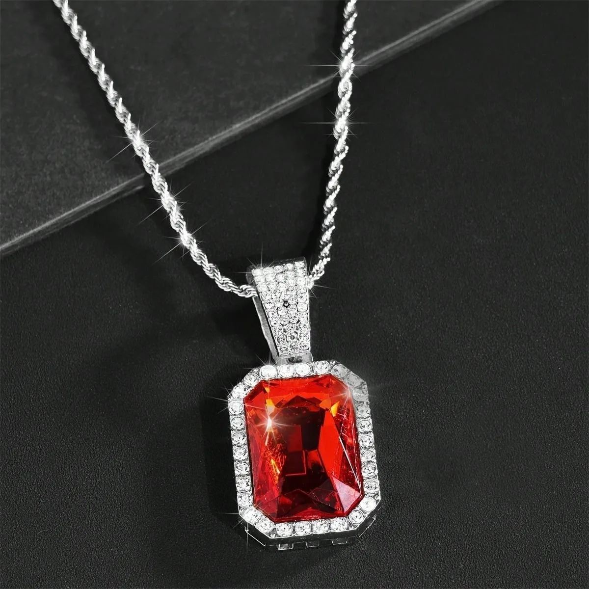 Fashion Red Rhinestone Pendant Necklace For Men with Zircon Cuban Chain Iced Out Bling Hiphop Necklaces Rock Biker Jewelry Gifts