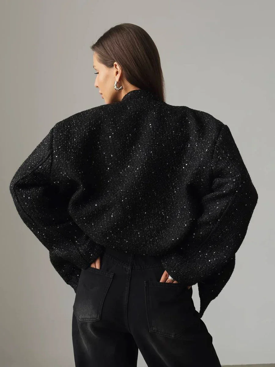 Wolfeel Loose Tweed Sequin Jacket Women Fashion Coat Trend Versatile Warm Chic Elegant Female Coats Stylish Woman Clothes