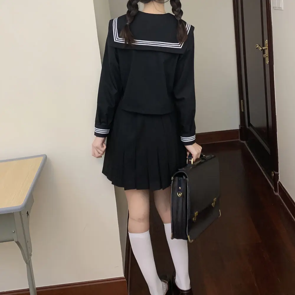 Traje de marinero negro para mujer, uniforme JK de escuela secundaria japonesa de Corea del Sur, ropa de estudiante Seifuku, uniformes de Falda plisada