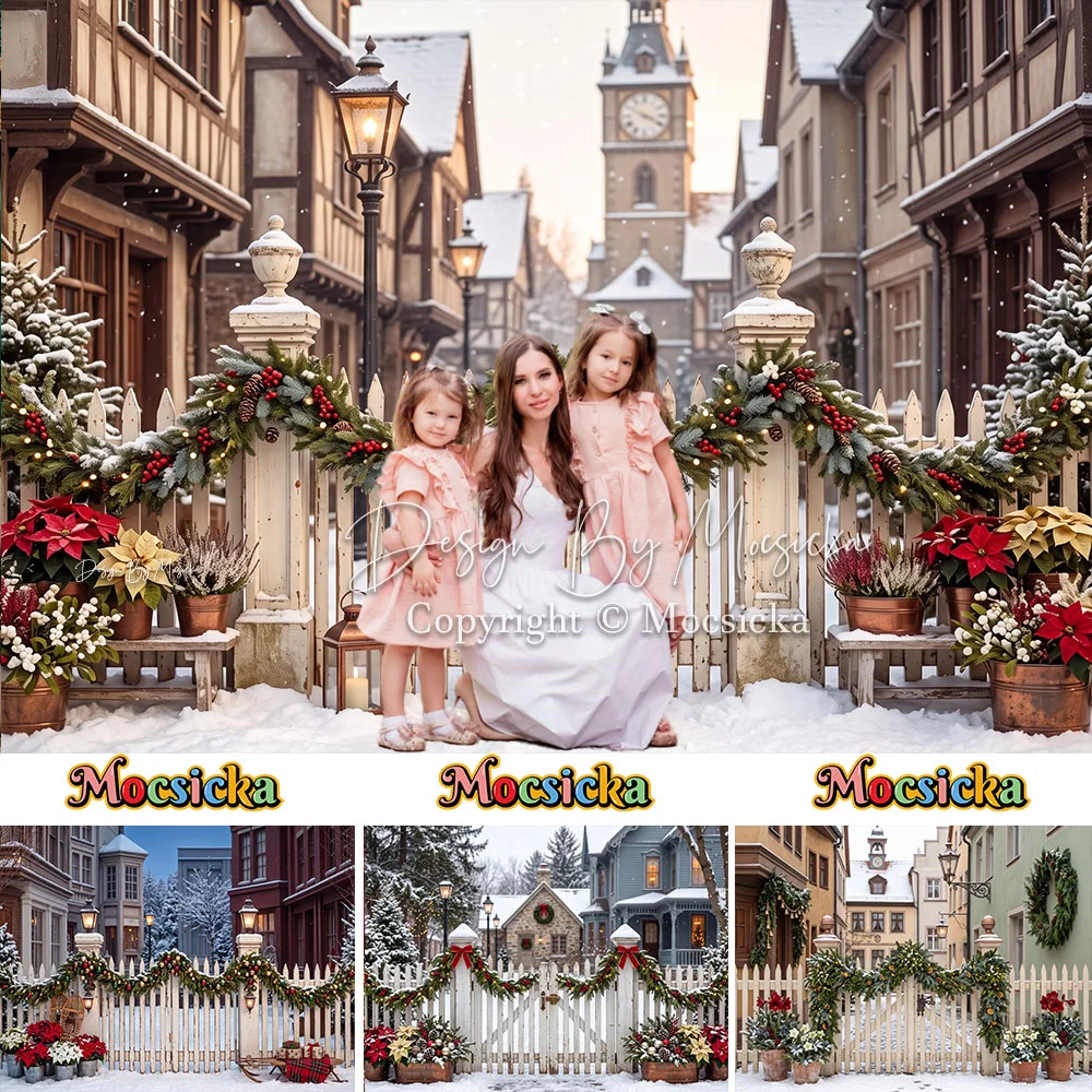 Mocsicka Snowy Village Christmas Backdrop Photography Building White Fence Garland Lantern Background Family Winter Xmas Photo